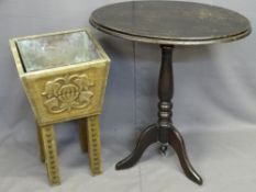 CARVED OAK PLANTER & AN EBONIZED PINE TRIPOD TABLE, 61cms H, 35cms W, 34cms D and 72cms H, 66cms