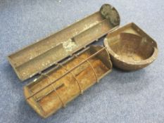 THREE CAST IRON FARMYARD FEEDERS, 109 x 33cms, 70 x 32cms and 45 x 46.5cms
