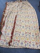 THREE-PART FULL LENGTH DROP SET OF CREWELWORK TYPE CURTAINS having rope swag and pleated gathered