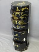JAPANESE OCTAGONAL CHEST of eight drawers in black lacquer with gilt painted decorated and shibayama