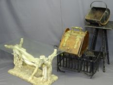 MODERN MAIDEN IN A HAMMOCK GLASS TOP TABLE, wrought iron fire basket, two vintage coal bins and an