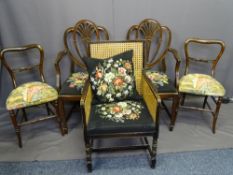 FIVE MIXED SALON ARM & SIDE CHAIRS and three antique oak farmhouse chairs to include two Hepplewhite
