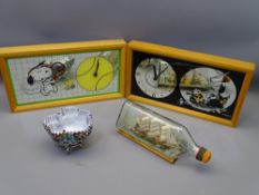 SHIP IN BOTTLE, mottled glass frilly edged bowl and two collectable mirrored wall clocks depicting