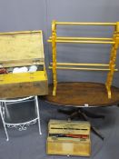 TWO VINTAGE TOOL CHESTS & CONTENTS with three occasional furniture items to include an oval top
