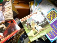 VINTAGE SUITCASE, two LP record cases with mixed genre contents, circular convex wall mirror ETC