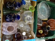 VINTAGE GLASSWARE, some commemorative, bone beaker, a slipware dish ETC (2 boxes)