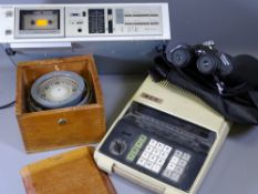 GIMBALL COMPASS in a teak box, a Toshiba tape deck, Practica Super Zoom binoculars and an old adding