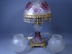 LUSTRE GLASS TABLE LAMP, etched glass shades and an assortment of glassware and fancy ornamental