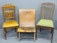 VINTAGE LEATHER SEATED X FRAME CHAIR and two others including an Edwardian hall chair, 75cms H,