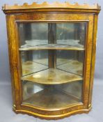 A BURR WALNUT BREAKFRONT DISPLAY CABINET, 85cms H, 35cms D