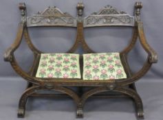 CONTINENTAL STYLE CARVED OAK DOUBLE BENCH with barrel type seat, the twin carved crest rail with