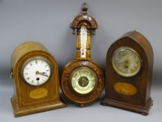 VICTORIAN WALNUT BANJO BAROMETER and two Edwardian mantel clocks