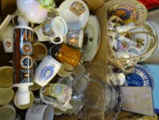 COMMEMORATIVE GLASSWARE, china ornamental shoes, boxed Wedgwood plates ETC (2 boxes)