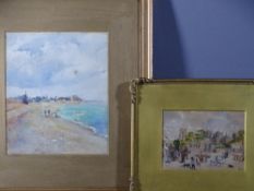 INITIALLED 'H E J' watercolour - beach scene and small watercolour of a busy market scene,