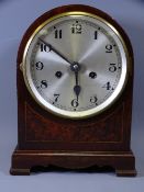 CLOCKS - dome topped eight day mantel clock with silvered dial, 30cms tall