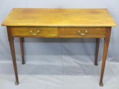 ANTIQUE STYLE MAHOGANY TWO DRAWER HALL TABLE on pad foot turned supports, 76cms H, 109.5cms W, 50cms