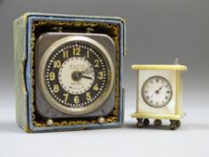MINIATURE MOTHER OF PEARL CARRIAGE CLOCK and a boxed vintage bedroom alarm clock 'The Inventic',