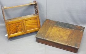 ANTIQUE MAHOGANY LAP DESK and a mahogany two door wall cabinet display shelf, 18cms H, 68.5cms W,