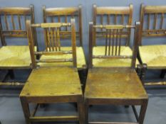 SIX ANTIQUE OAK & ELM DINING CHAIRS including a set of four rush seated examples with bobble and