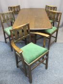 REPRODUCTION OAK REFECTORY TABLE & FIVE (4 + 1) ERCOL SPLATBACK DINING CHAIRS, 72cms H, 150cms L,