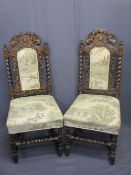 GRIFFIN CREST RAIL OAK BARLEY TWIST CARVED SIDE CHAIRS, a pair with upholstered padded backs and