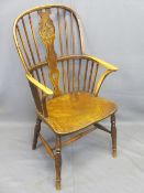 ANTIQUE ELM WINDSOR ELBOW CHAIR hoop and stickback with wheel splat on turned supports and