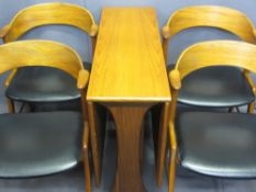 MID-CENTURY TEAK DROP LEAF DINING TABLE & FOUR DESIGNER ELBOW CHAIRS, marked 'K S, made in Denmark'