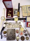 MIXED WATCHES, BADGES, JEWELLERY GROUP with an empty award postal box for a GSM with clasp Malaya