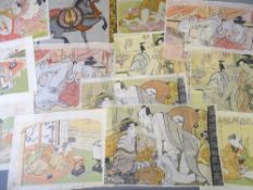 JAPANESE EROTIC PRINTS on rice paper, an unframed quantity along with a Persian painting on silk