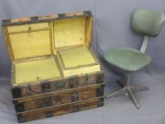 VINTAGE SWIVEL OFFICE CHAIR and a dome top wooden banded trunk with fitted interior compartments and