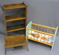 NEAT VINTAGE OAK OPEN BOOKCASE, toy cot and a folding bed tray, 95cms H, 55.5cms W, 18cms D the