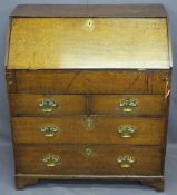 CIRCA 1770 OAK FALL-FRONT BUREAU with interior slide well and architectural style drawers and pigeon