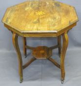 CIRCA 1900 INLAID WALNUT OCTAGONAL TWO-TIER TABLE on shaped supports, 71.5cms H, 72 x 72cms top