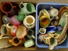 MAJOLICA, LANCASTRIAN, SYLVAC VASES, JUGS, ETC (2 boxes)