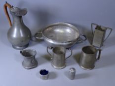 PEWTER WARE - a beaten pedestal bowl, claret jug ETC
