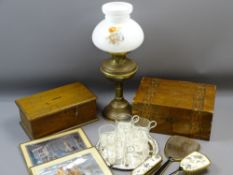 TREEN BOXES, oil lamp, dressing table items ETC