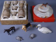 JAPANESE POTTERY SAKE SET, onyx ashtray, Beswick dog and swan ETC