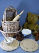 VINTAGE KITCHENALIA including pestle and mortar, chopping boards, wicker baskets ETC and a soft toy