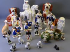 STAFFORDSHIRE FLATBACKS, dogs and an assortment of other pottery and china jugs ETC