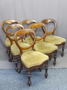 VICTORIAN MAHOGANY BALLOON BACK DINING CHAIRS, A SET OF SIX with shaped detail to the top rail and