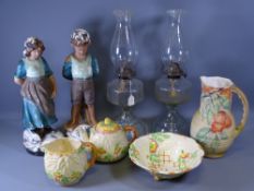 GLASS OIL LAMPS, a pair, plaster figures and miscellaneous pottery