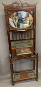 VINTAGE OAK MIRRORED HALL STAND with stained glass lower panel and central glove drawer, the drip