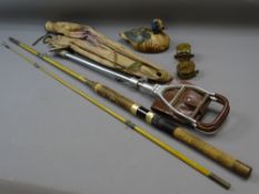 TWO VINTAGE BRASS FISHING REELS, rod in case, shooting stick and wood duck decoy