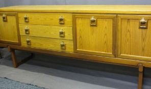 MID-CENTURY STYLE, TEAK EFFECT SIDEBOARD, 73cms H, 184cms W, 46cms D