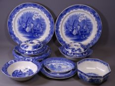 BLUE & WHITE CHARGERS TITLED 'Spanish Festivities 1793', 35cms diameter and a quantity of other Blue