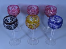 HOCK GLASSES, A HARLEQUIN SET OF SIX