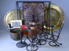 COPPER & BRASS TRAYS, a copper jug, other metalware and copper warming pans