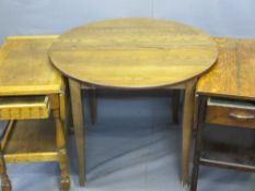 MODERN EXTENDING DINING TABLE & TWO VINTAGE OAK TEA TROLLEYS with end drawers, 74.5cms H, 91cms