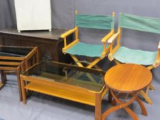 MIXED VINTAGE FURNITURE BUNDLE including a carved oak blanket chest, 63cms H, 91cms W, 48cms D, teak