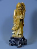 SOAPSTONE SHAOLIN FIGURE, 23.5cms tall and a pottery table lamp